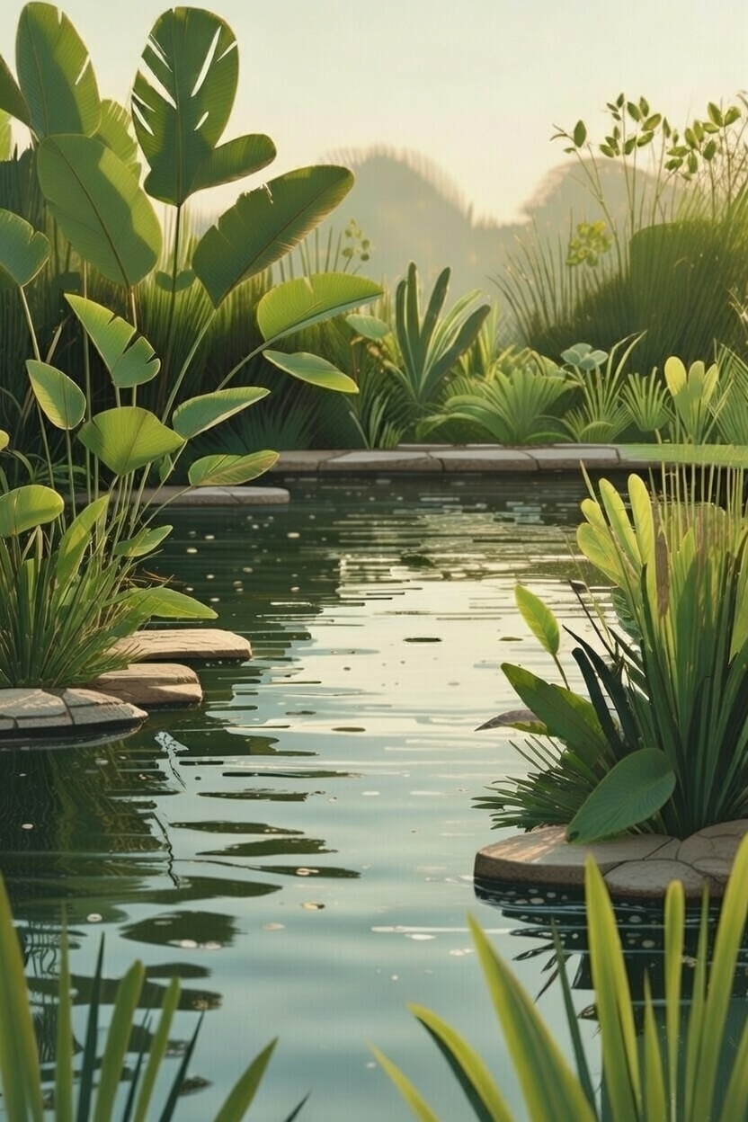 A peaceful outdoor garden with a subtle water feature creating gentle sound.